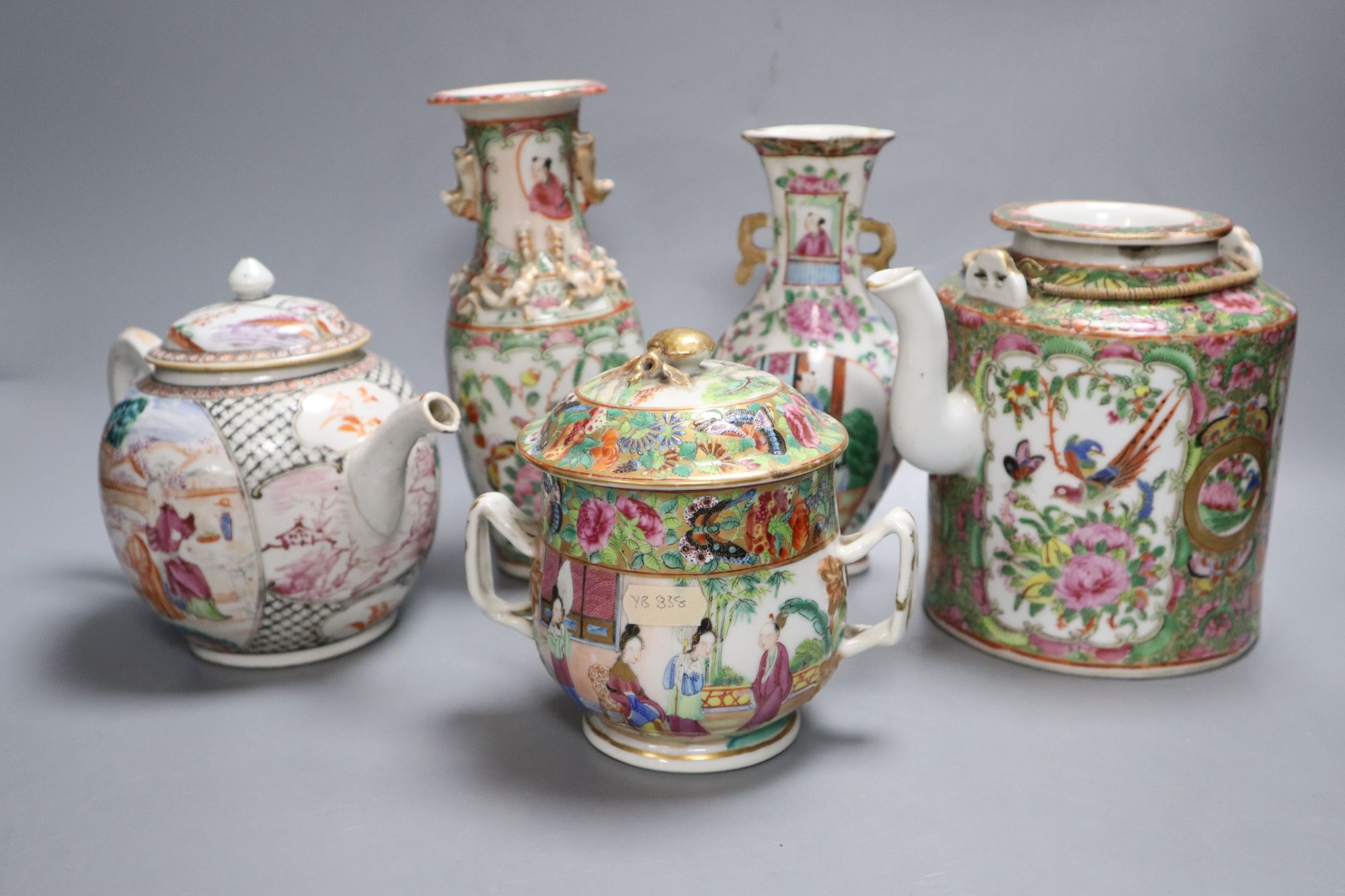 A group of Chinese famille rose tea wares and vases, 18th/19th century, tallest 20cm, (8), damage